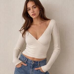 Reformation Cream Ribbed Wrap Long Sleeve Top